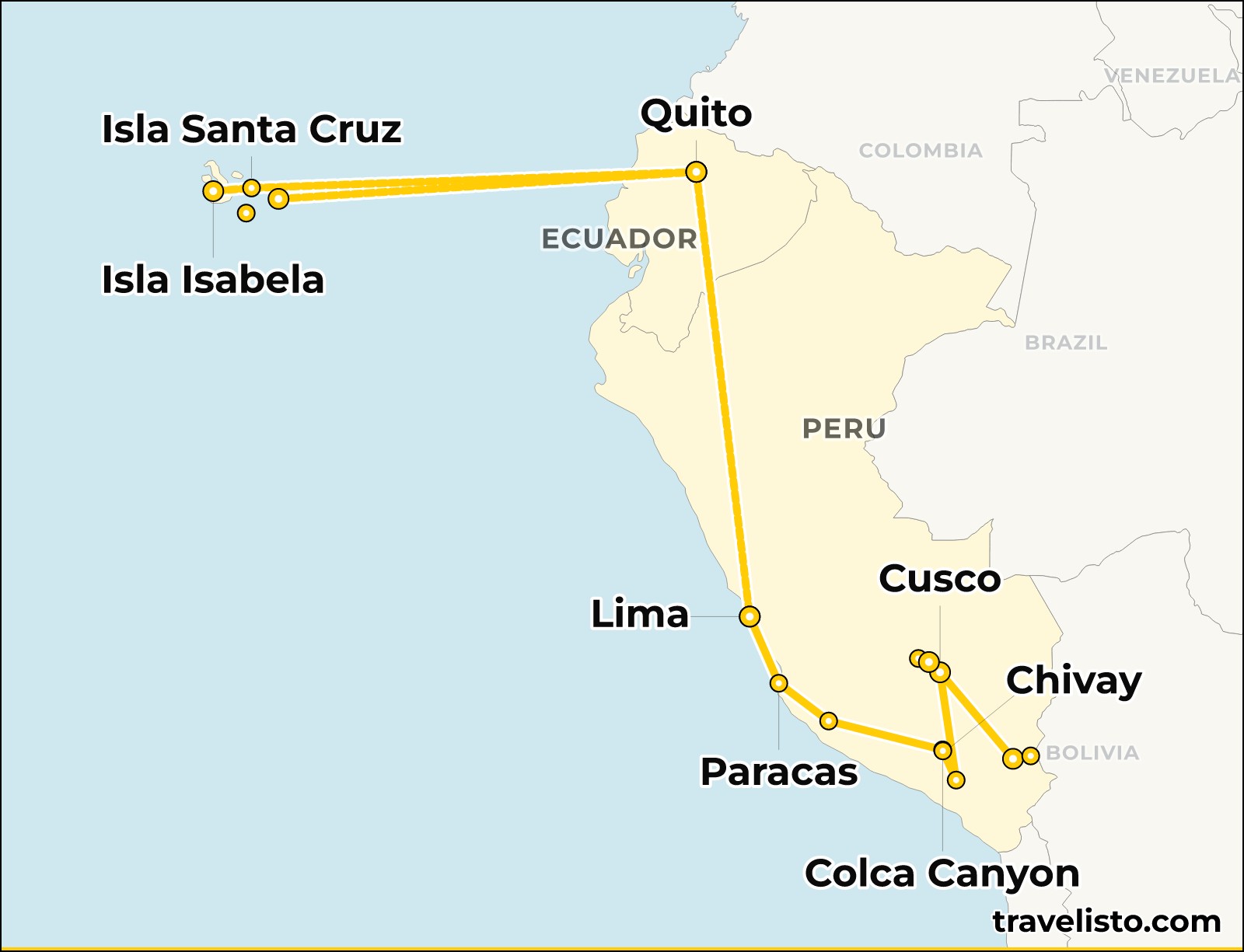 Route map of the 30-day Peru & Galápagos tour from Lima to Quito via Nazca, Cusco, Machu Picchu and the Galápagos Islands