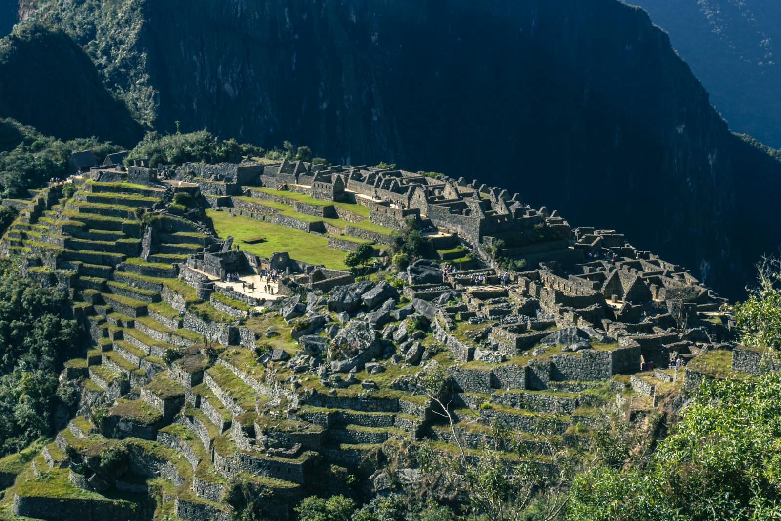 Aerial view of Machu Picchu ancient Inca city with surrounding Andean mountains