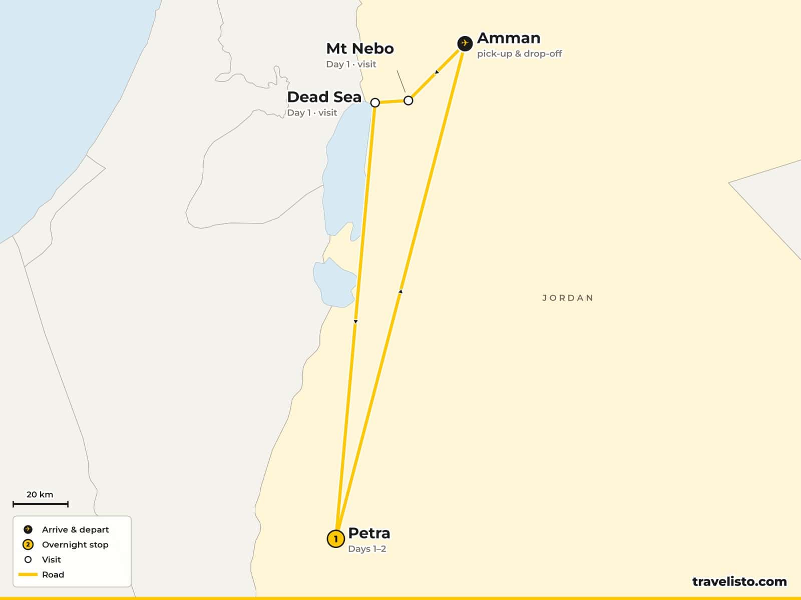 Map of the 3-day route from Amman to Mount Nebo, the Dead Sea and Petra, returning to Amman