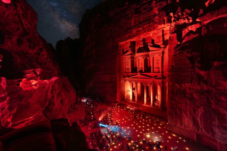The Treasury at Petra lit up in the evening