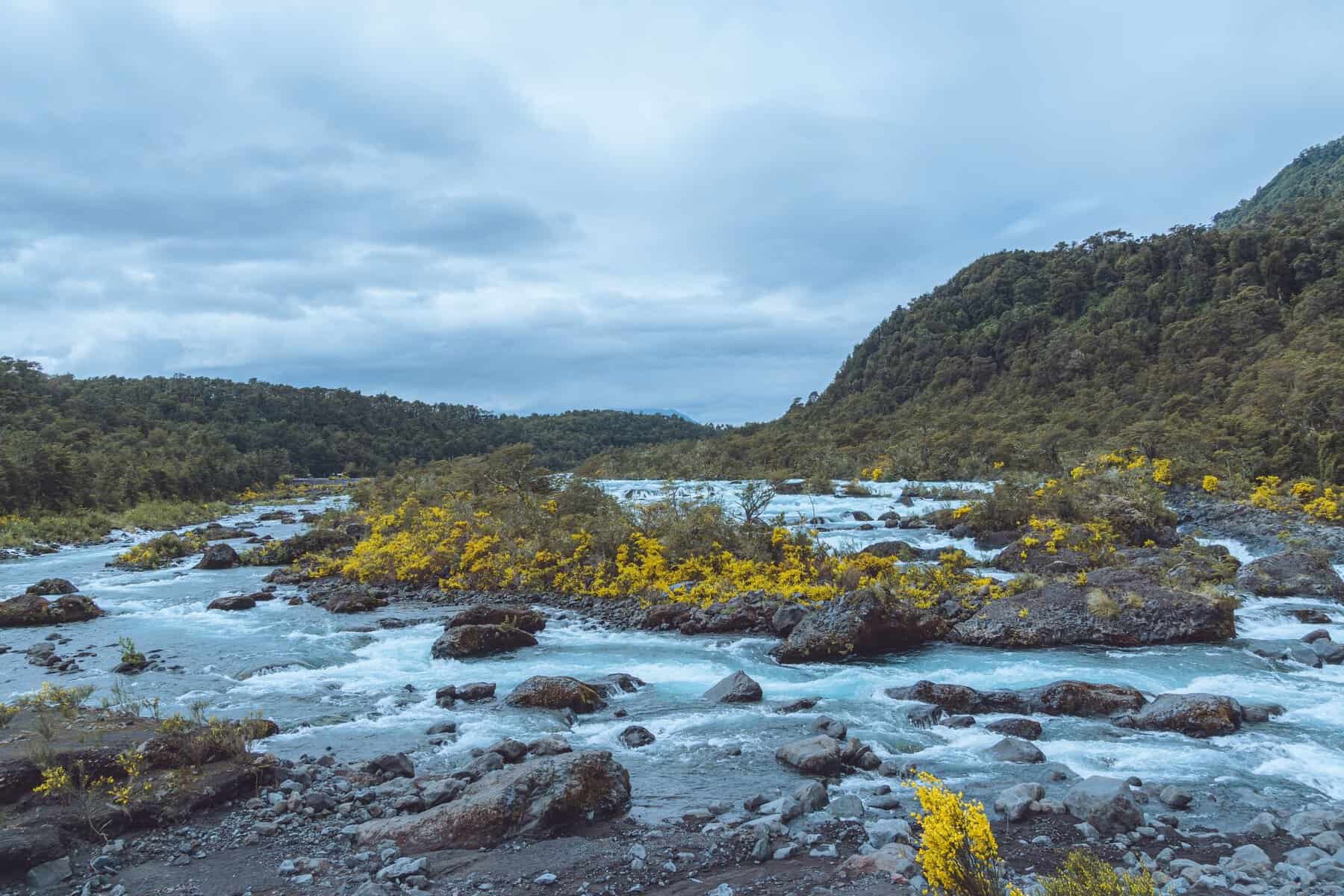The Petrohué River beneath forested hills, Chile