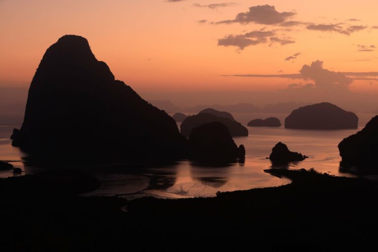 Rock formations at sunset in Phang Nga Bay