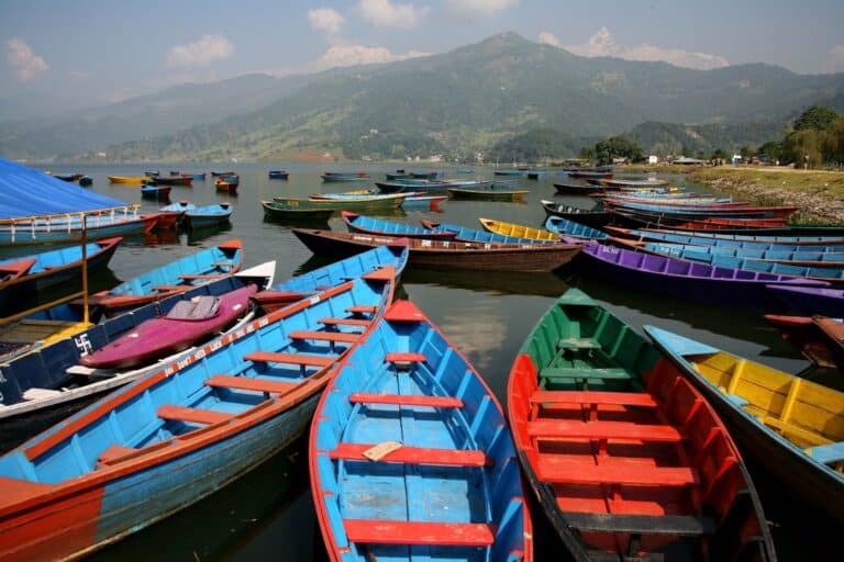 Wooden boats on Phewa Lake in Pokhara