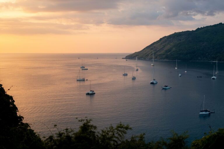 Yachts at anchor off Phuket at sunset