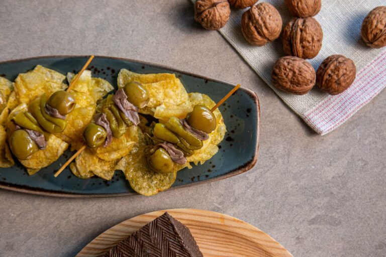 Pintxos of olives and anchovies