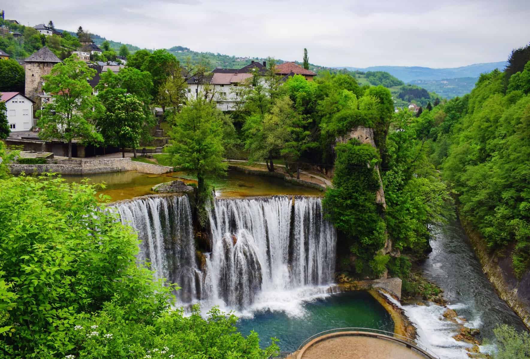 The Pliva Waterfall in Jajce, Bosnia and Herzegovina