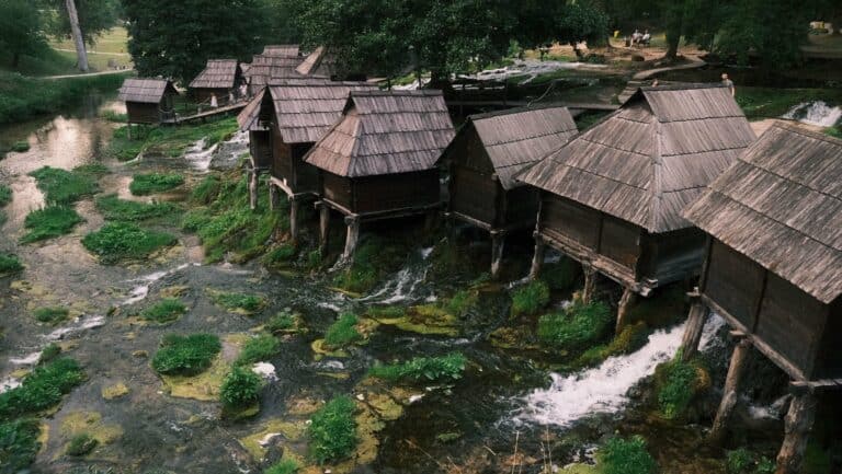 The old wooden watermills on the Pliva near Jajce, Bosnia and Herzegovina