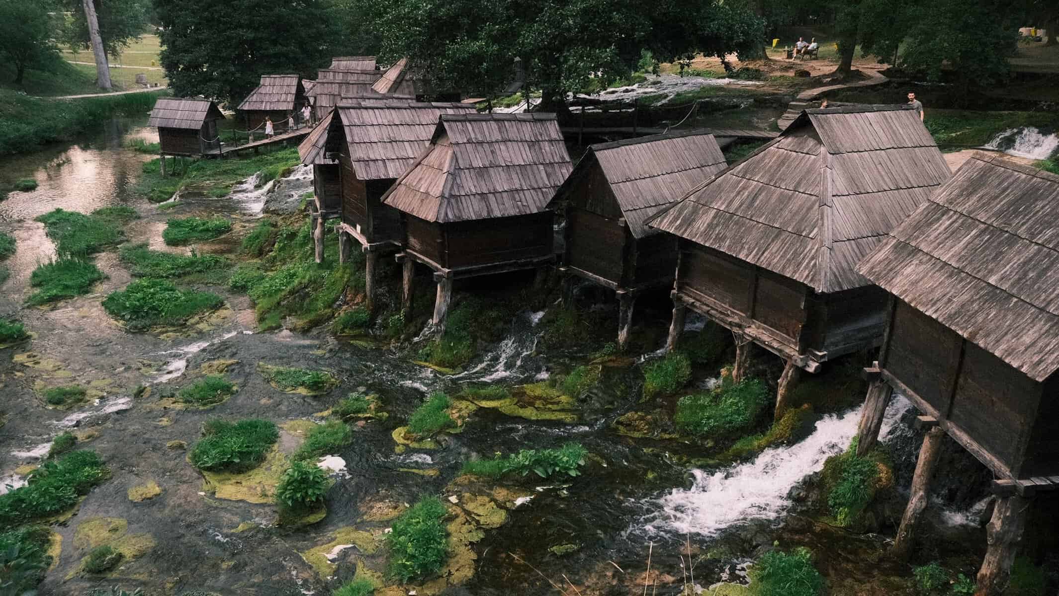 The old wooden watermills on the Pliva near Jajce, Bosnia and Herzegovina