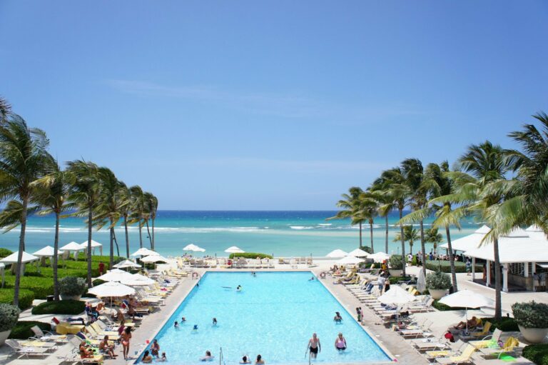 A pool with palm trees and ocean views