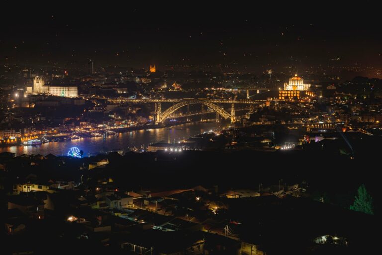 Porto and the Dom Luis I Bridge lit up at night