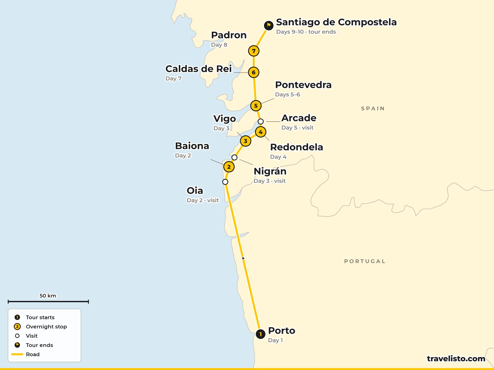 Map of the 10-day coastal Camino from Porto to Santiago de Compostela