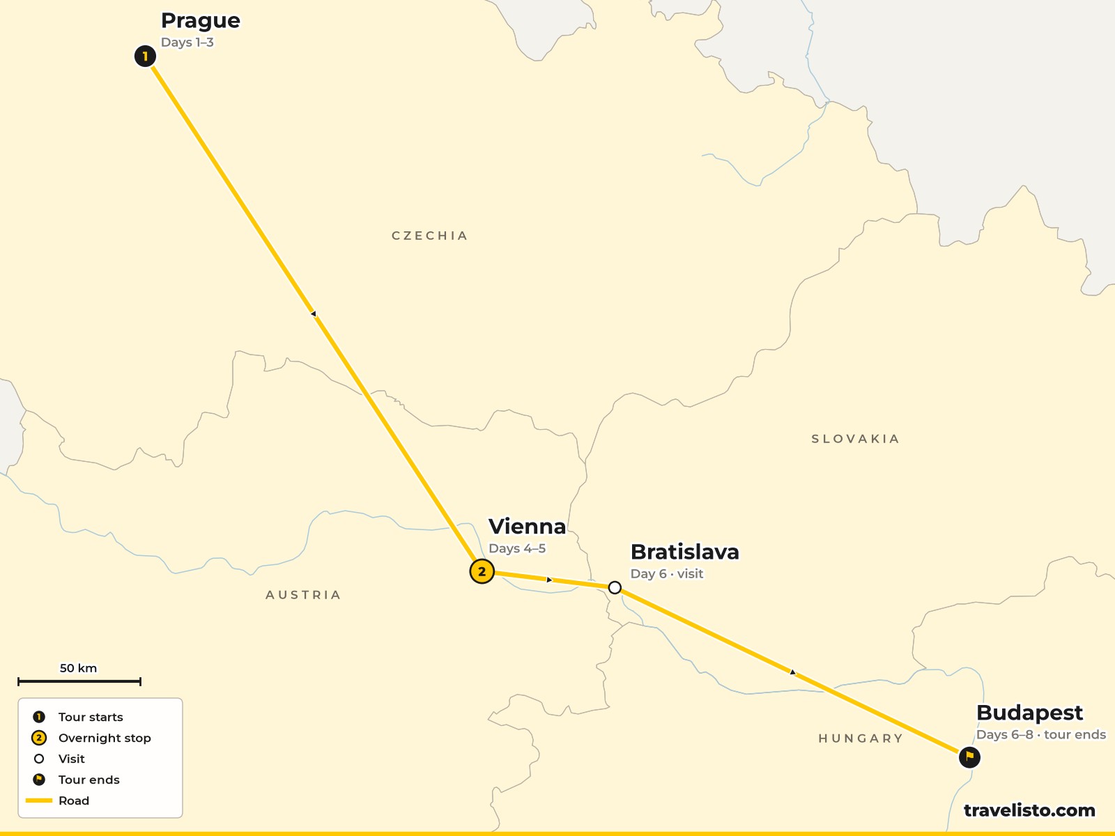 Map of the 8-day tour from Prague through Bohemia to Vienna, Bratislava and Budapest