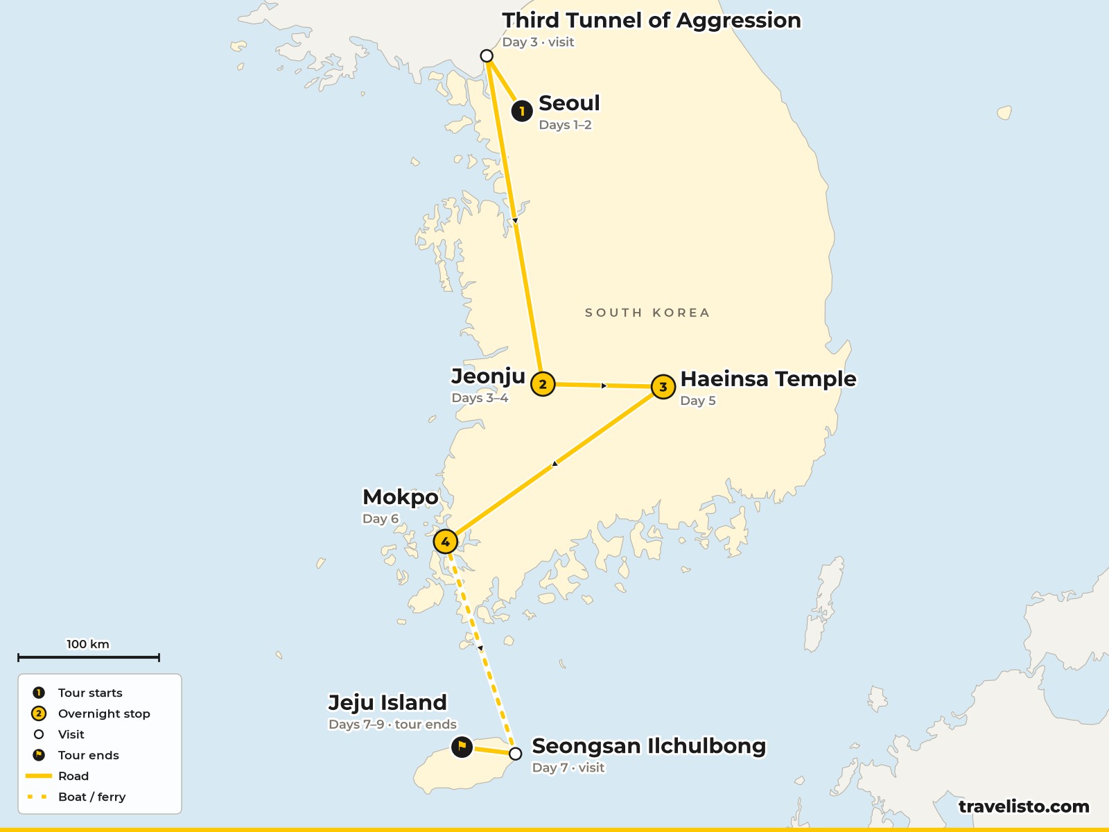 Map of the 9-day route from Seoul to the DMZ, Jeonju, Haeinsa, Mokpo and Jeju Island