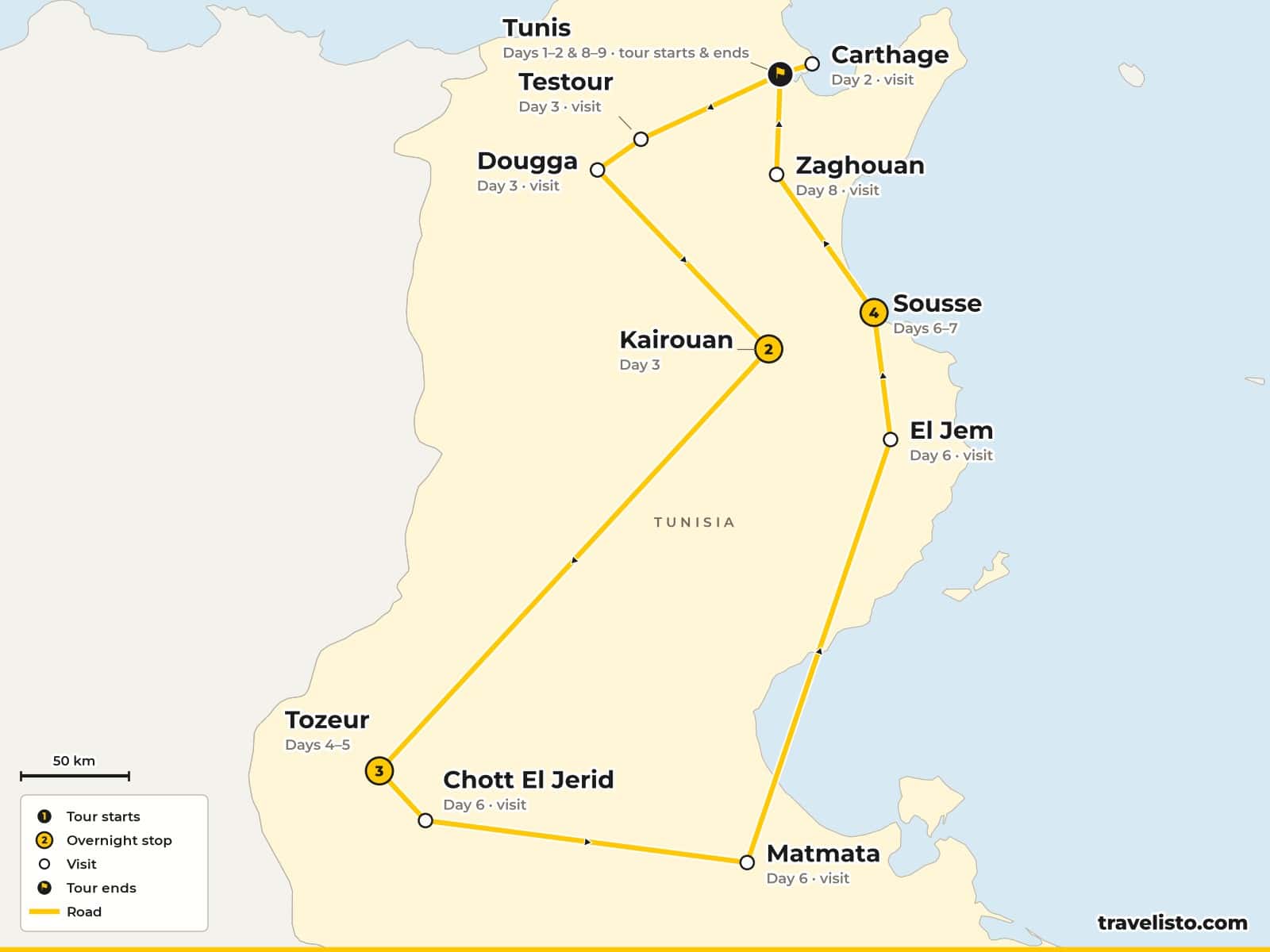Map of the 9-day trip from Tunis to Carthage, Dougga and Kairouan, the oasis of Tozeur, Chott el Jerid, Matmata, El Jem and Sousse, returning to Tunis