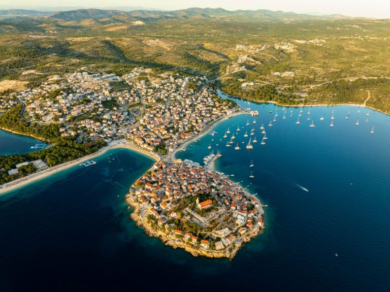 Primosten on its peninsula from the air