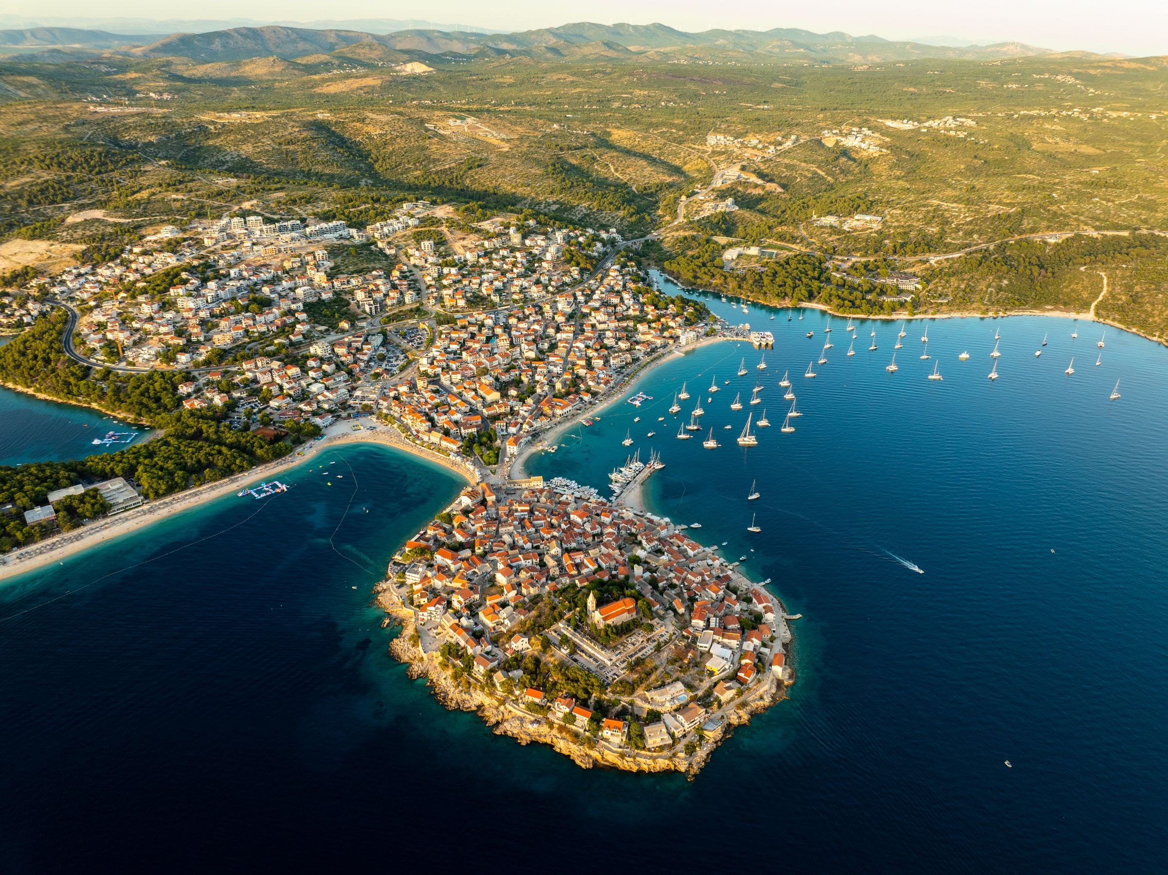 Primosten on its peninsula from the air