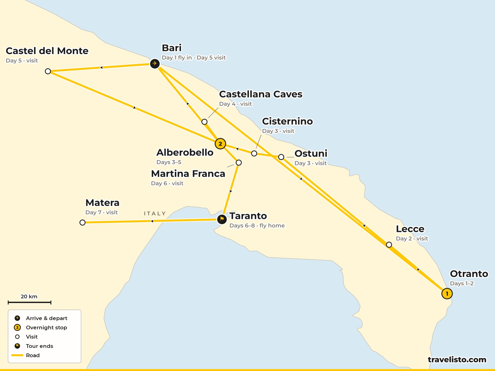 Map of the 8-day Puglia route from Otranto to Alberobello, Taranto and Matera