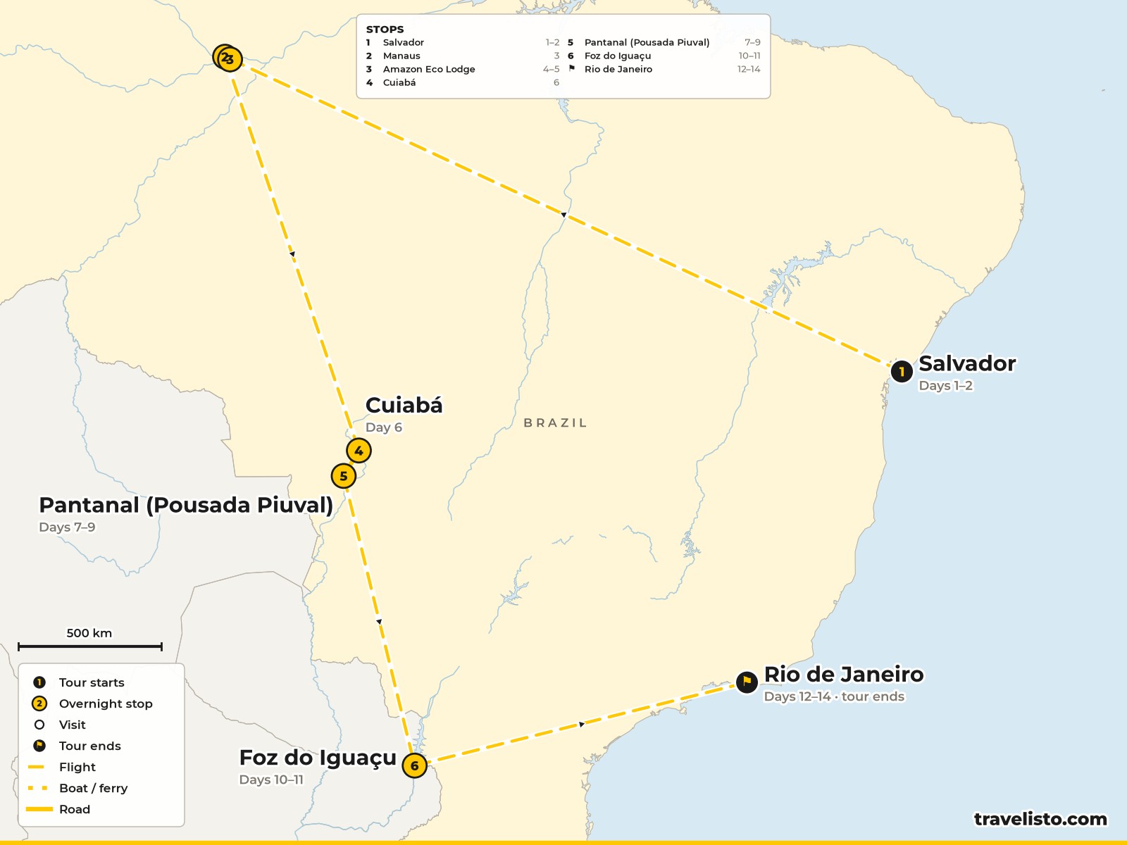 Map of the 14-day route from Salvador to Manaus, the Amazon, Cuiabá, the Pantanal, Foz do Iguaçu and Rio de Janeiro