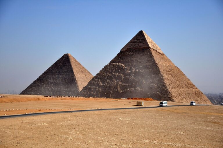 The Pyramids of Giza under a clear blue sky