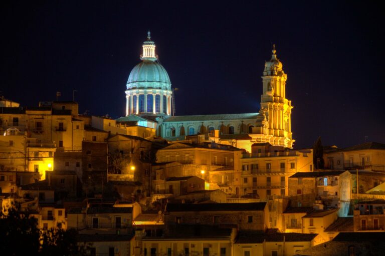 Ragusa's cathedral lit up at night