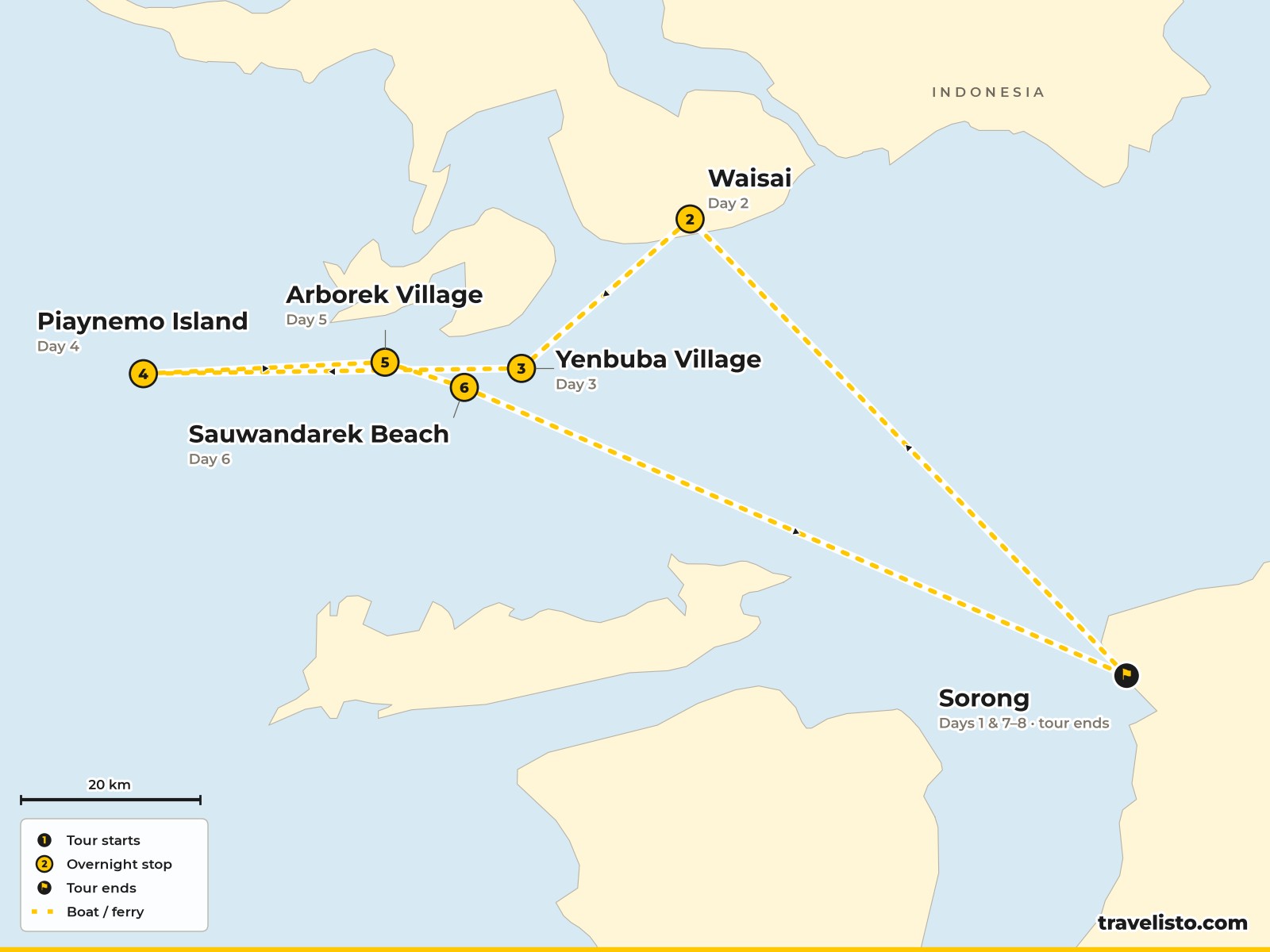 Map of the 8-day sailing route from Sorong around Raja Ampat