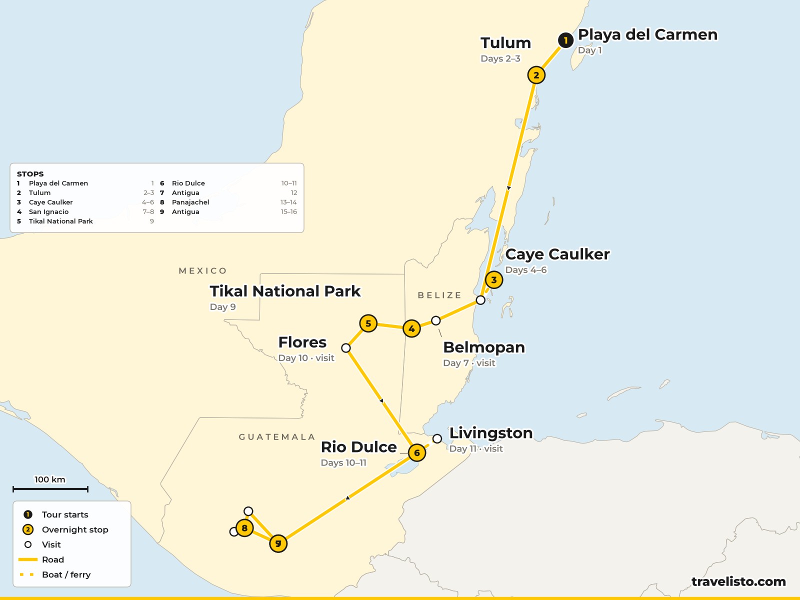 Map of the 16-day route from Playa del Carmen to Tulum, Caye Caulker, San Ignacio, Tikal, Rio Dulce, Lake Atitlán and Antigua