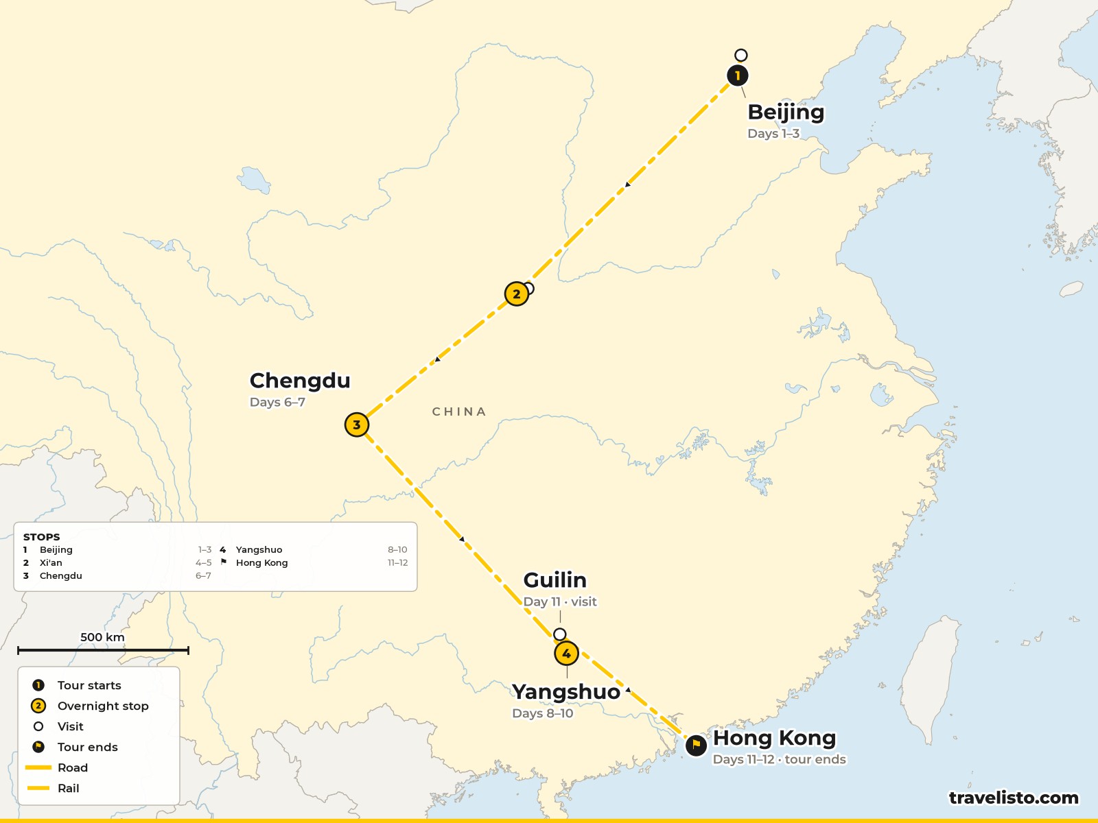 Map of the 12-day rail route from Beijing to Xi’an, Chengdu, Yangshuo and Hong Kong