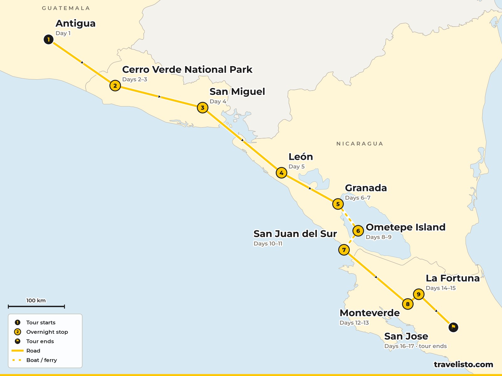 Map of the 17-day route from Antigua through El Salvador and Nicaragua to San José