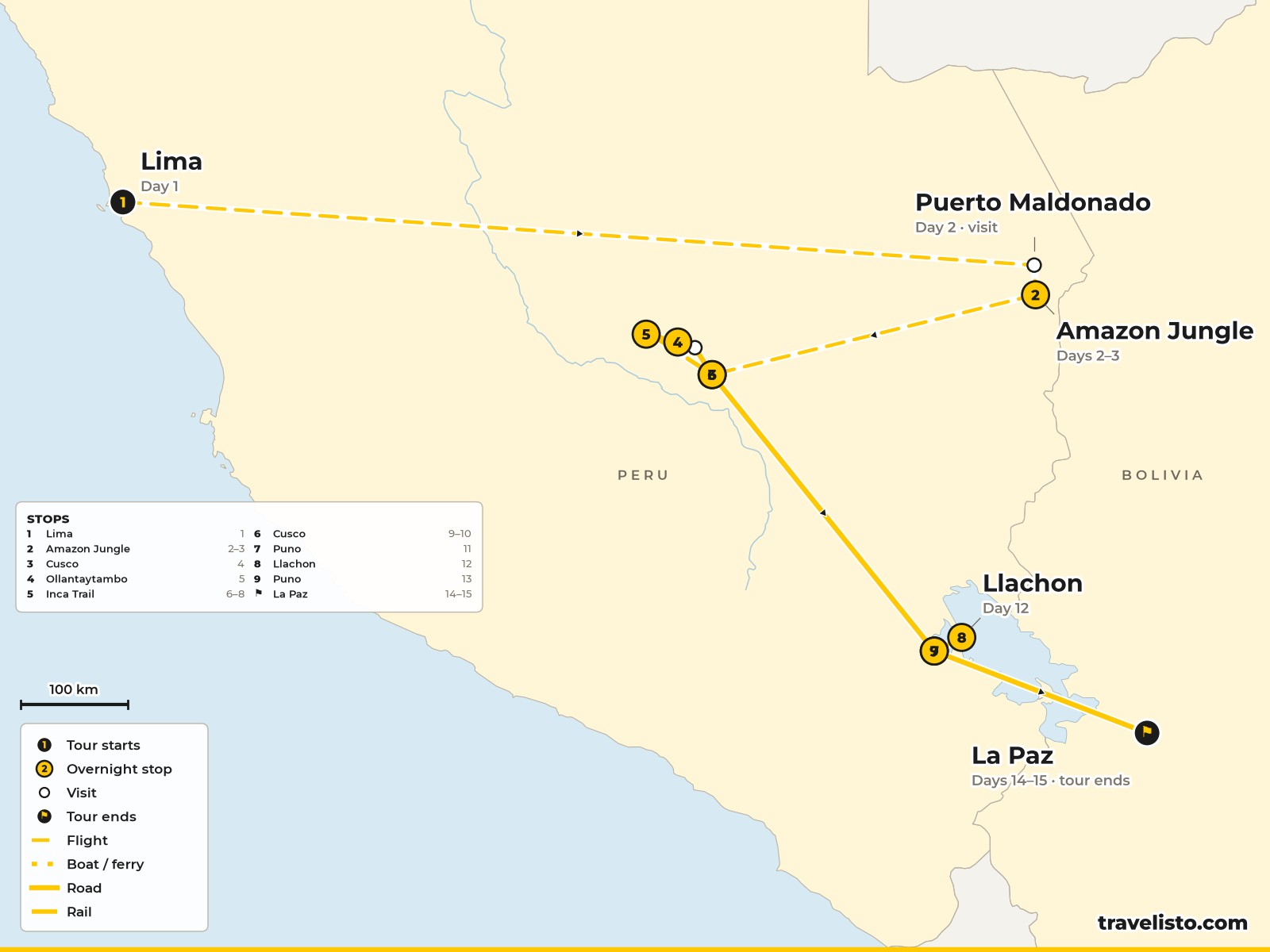 Map of the 15-day route from Lima to the Amazon, Cusco, Machu Picchu, Lake Titicaca and La Paz