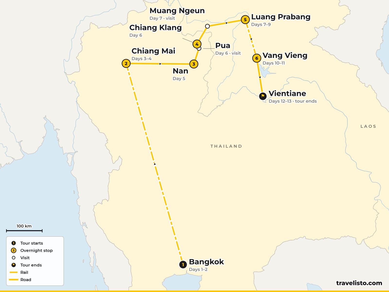 Map of the 13-day route from Bangkok to Chiang Mai, Nan, Luang Prabang, Vang Vieng and Vientiane