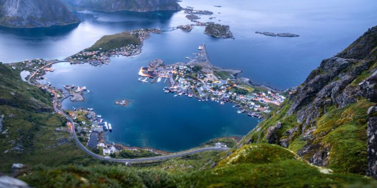 Reine and its fjord from above in the Lofoten Islands