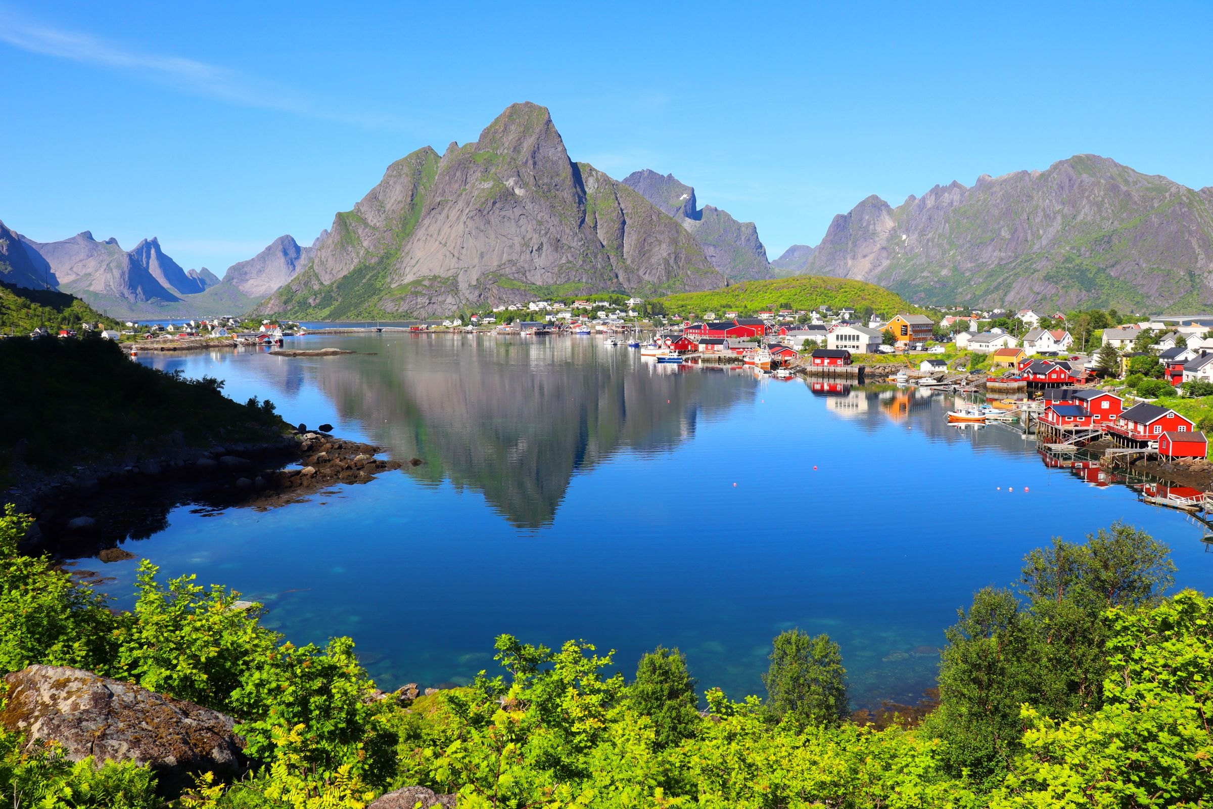 Reine village beneath its peaks on a summer day