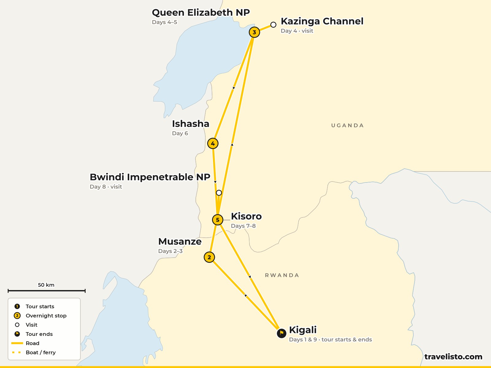 Map of the 9-day route from Kigali to Musanze, Queen Elizabeth National Park, Ishasha, Kisoro and back to Kigali