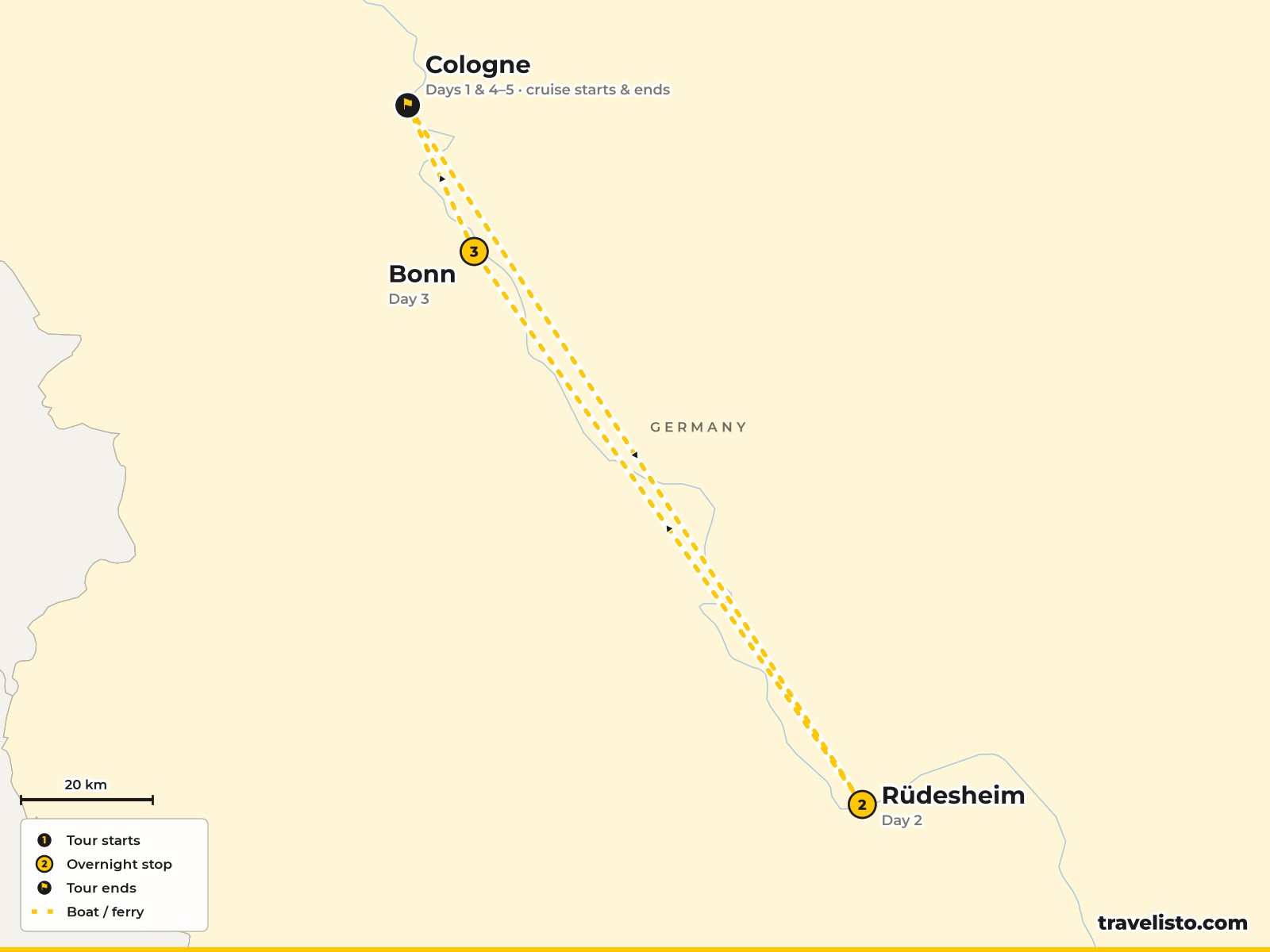 Map of the 5-day Rhine cruise from Cologne through the Rhine Gorge to Rüdesheim, Bonn and back
