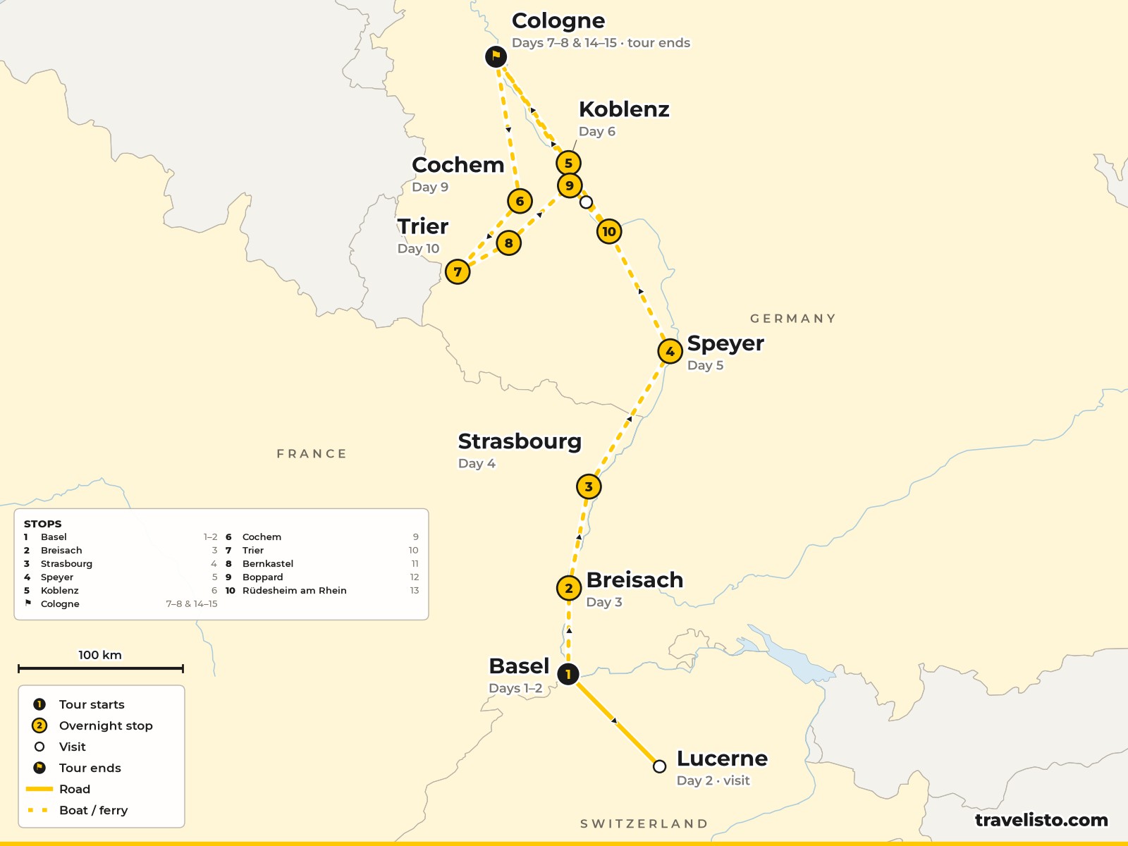 Map of the 15-day river cruise from Basel down the Rhine to Cologne and along the Moselle