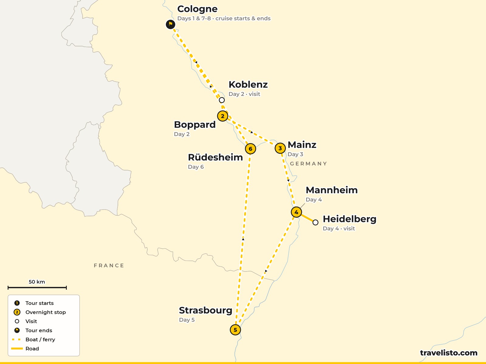 Map of the 8-day Rhine river cruise from Cologne to Koblenz, Mainz, Heidelberg, Strasbourg and Rüdesheim