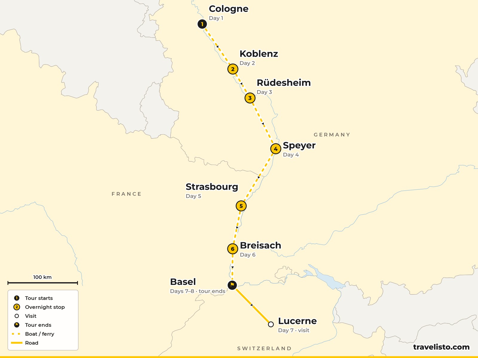 Map of the 8-day Rhine cruise from Cologne to Koblenz, Rüdesheim, Speyer, Strasbourg, Breisach and Basel