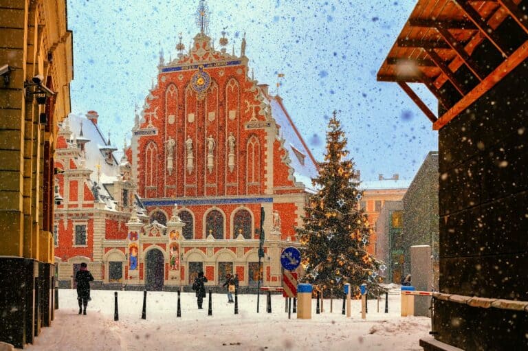 The House of the Blackheads and a Christmas tree in the snow, Riga, Latvia