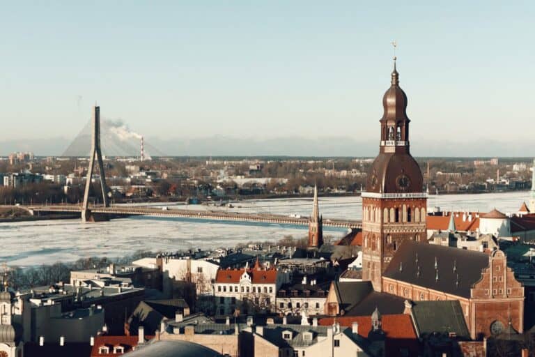 Aerial view of Riga's Old Town and the Daugava River in winter, Latvia