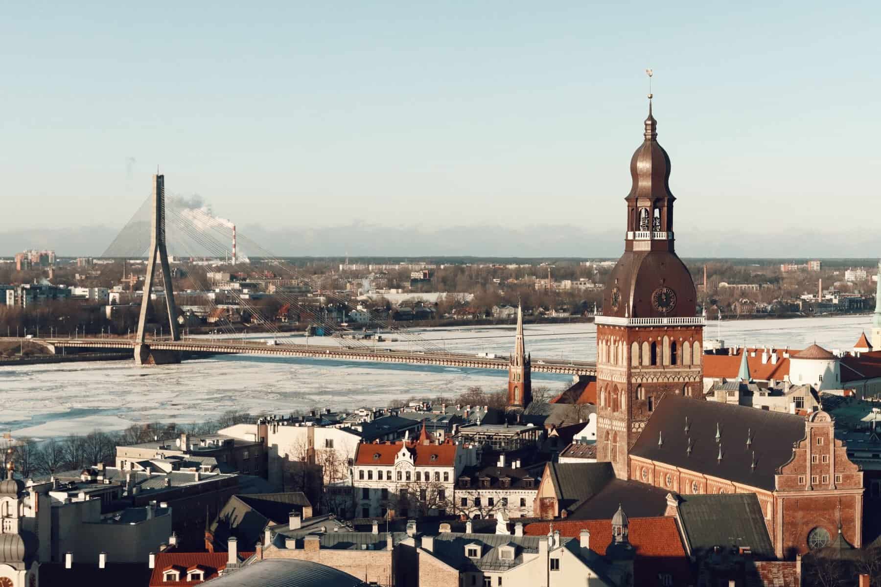 Aerial view of Riga's Old Town and the Daugava River in winter, Latvia