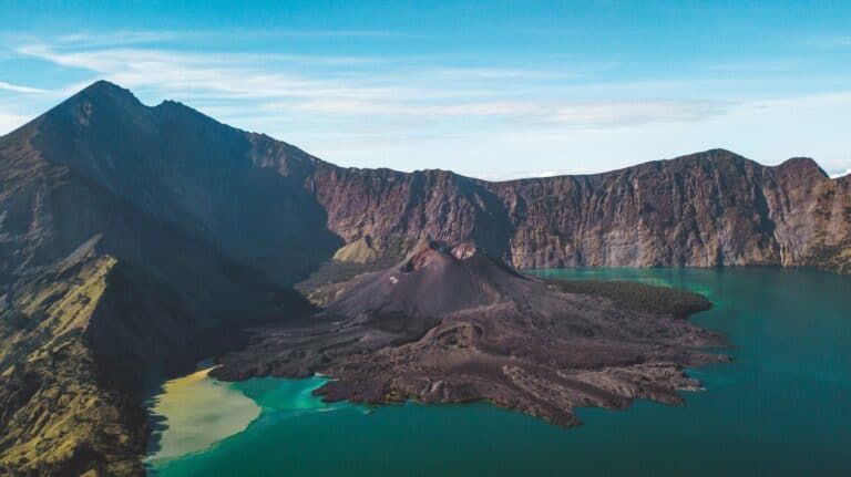 The crater lake and volcanic cone inside Mount Rinjani, Lombok