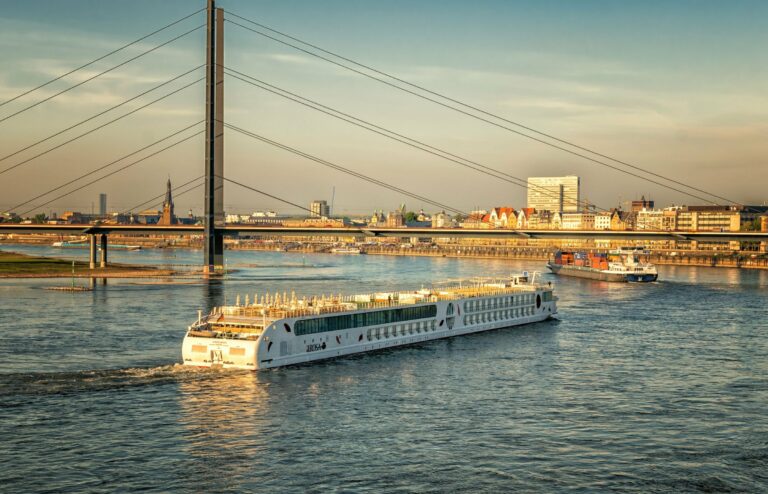 River cruise ships on the Rhine at sunset