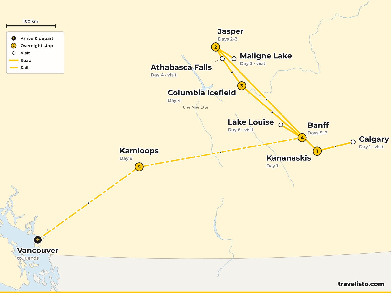 Map of the 9-day route from Calgary to Jasper, Banff and by Rocky Mountaineer to Vancouver