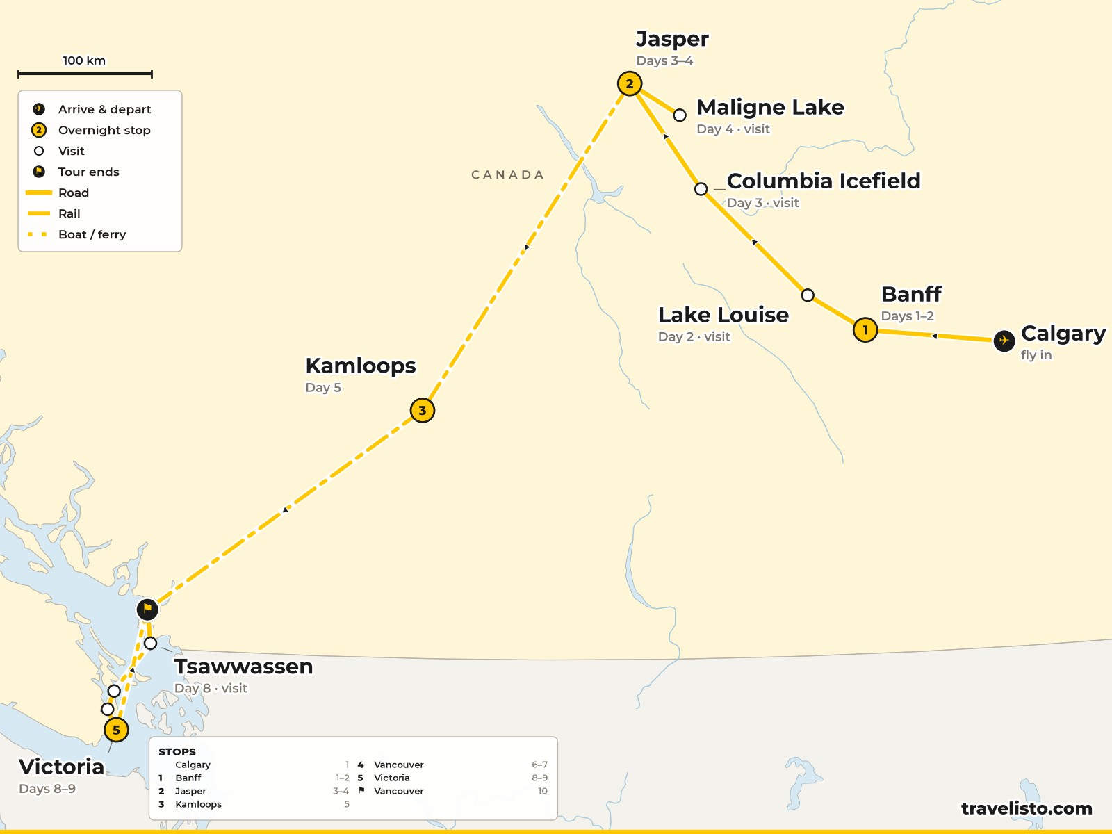 Map of the 11-day route from Calgary to Banff, Jasper, by Rocky Mountaineer to Vancouver and Victoria