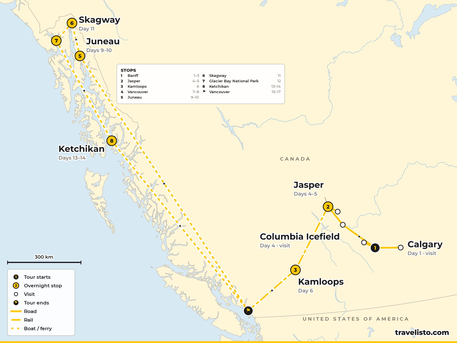 Map of the 18-day route from Calgary to Banff, Jasper, Kamloops and Vancouver, then a cruise to Juneau, Skagway, Glacier Bay and Ketchikan
