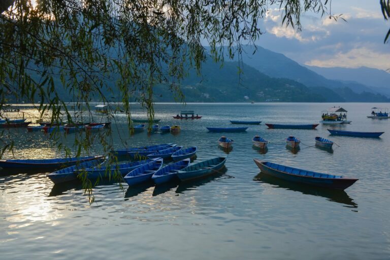 Rowing boats on Phewa Lake at sunset