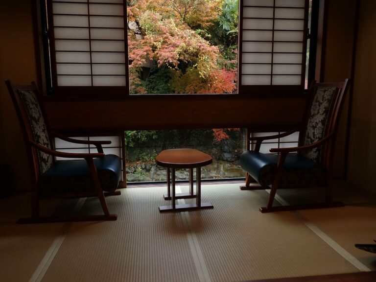 A ryokan room with tatami mats and a garden view