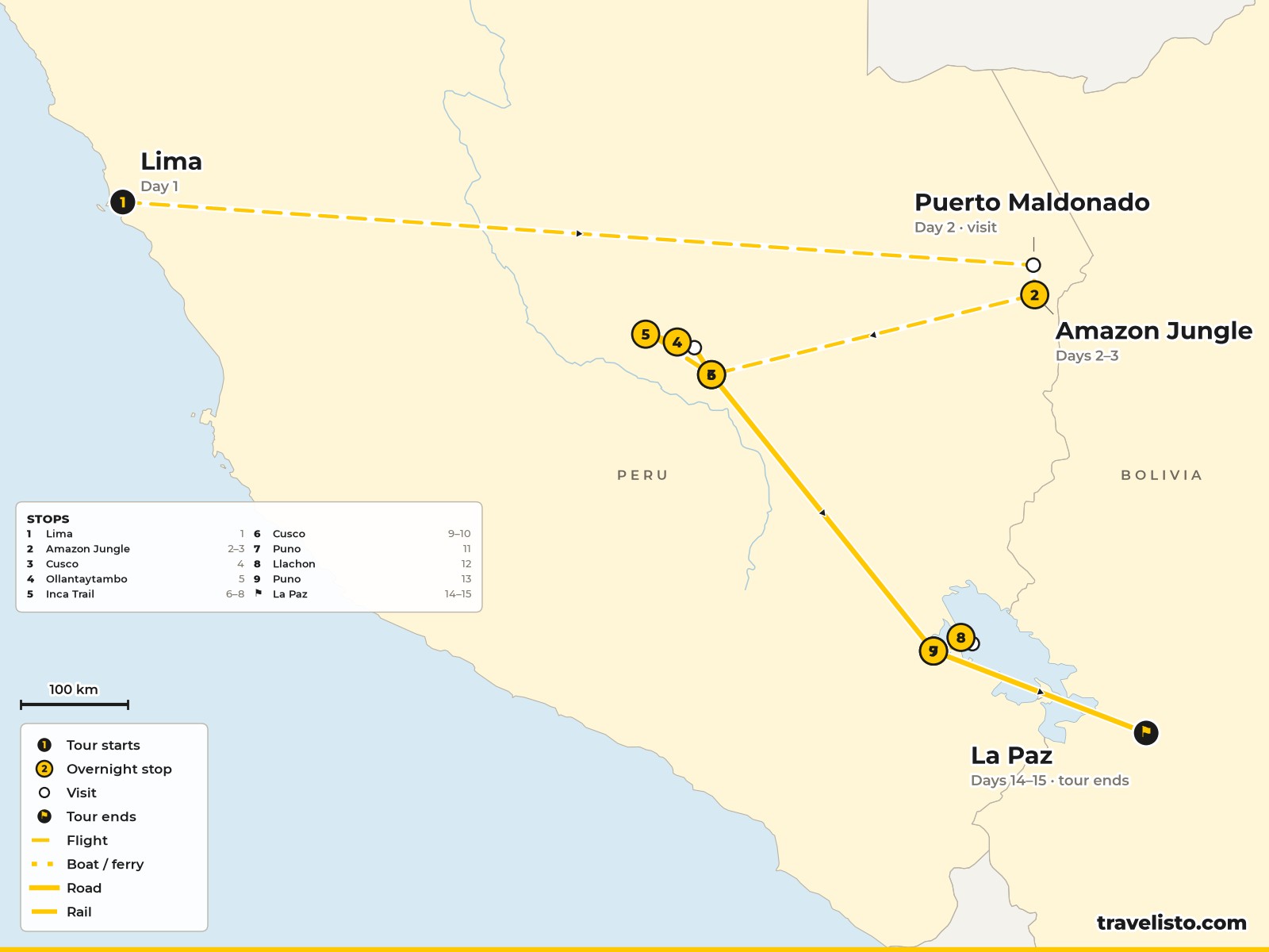 Map of the 15-day route from Lima to the Amazon, Cusco, the Inca Trail, Lake Titicaca and La Paz