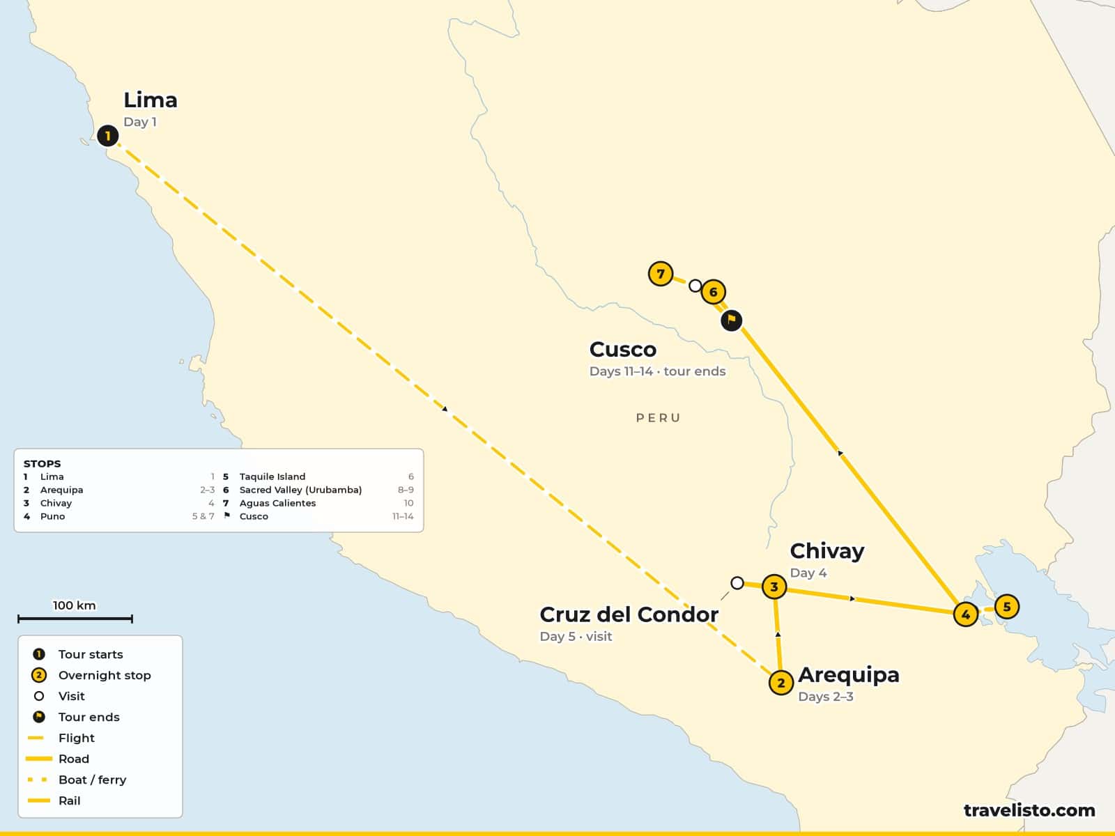 Map of the 14-day tour from Lima to Arequipa, the Colca Canyon, Lake Titicaca, the Sacred Valley, Machu Picchu and Cusco