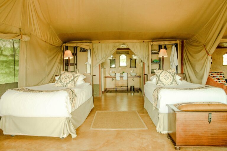 The interior of a luxury safari tent